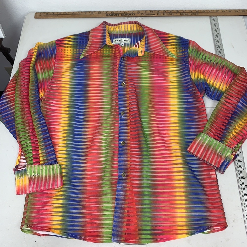 Vintage Maltos Shirt Men's Sheer Rainbow Rave Disco 90s Button Shirt Colorful M
